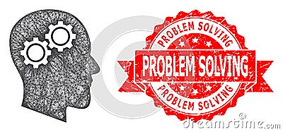 Grunge Problem Solving Seal and Hatched Head Gears Icon Vector Illustration