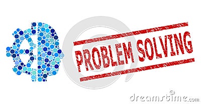 Grunge Problem Solving Stamp and Cyborg Gear Composition of Round Dots Vector Illustration