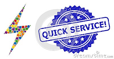 Grunge Quick Service! Stamp Seal and Bright Colored Collage Electric Strike Vector Illustration