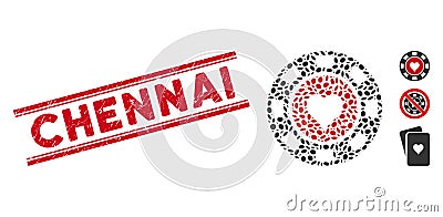 Grunge Chennai Line Stamp and Collage Hearts Casino Chip Icon Stock Photo
