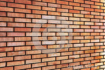 Grunge Red yellow beige tan fine brick wall texture background perspective, large detailed horizontal background Stock Photo