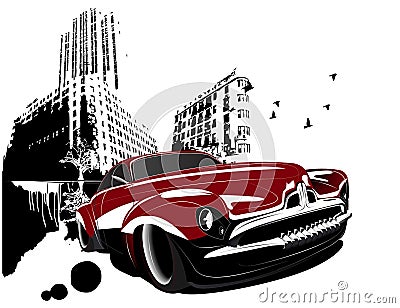 Grunge retro classic car building city Vector Illustration