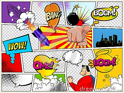 Grunge Retro Comic Speech Bubbles. Background with radial halftone effects and rays in pop-art style. Abstract Talking Vector Illustration