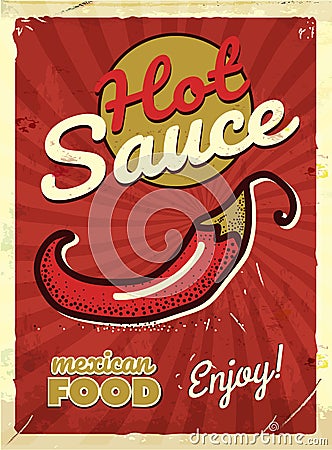 Grunge retro metal sign with chili pepper. Hot mexican food flayer. Vintage poster. Old fashioned design. Vector Illustration