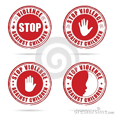 Grunge rubber stop violence against children sign in red on hand Vector Illustration