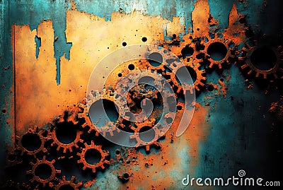 Grunge rusty industrial wall with cogs and gears. Generative AI Stock Photo