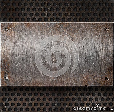 Grunge rusty metal plate over grid Stock Photo