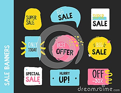 Grunge sale badge collection. Discount price offer set with place for text. Promo coupon labels Vector Illustration