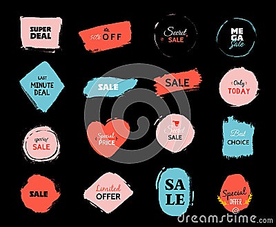 Grunge sale badge collection. Discount price offer set with place for text. Promo coupon labels Vector Illustration