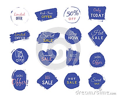 Grunge sale badge collection. Discount price offer set with place for text. Promo coupon labels Vector Illustration