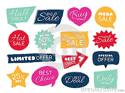 Grunge sale badge. Retro pricing sticker, grungy textured price tag and vintage best offer label badges isolated vector Vector Illustration