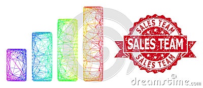 Grunge Sales Team Stamp and Rainbow Network Bar Chart Vector Illustration