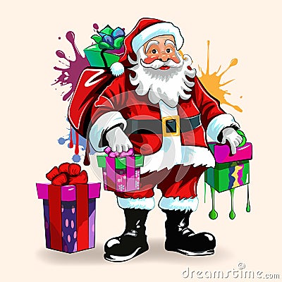 Grunge Santa Claus gives Christmas gifts in street art style. Bright colors, hand drawn modern vector illustration. Bright paint Vector Illustration