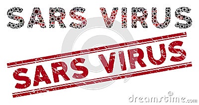Grunge Sars Virus Red Seal and Coronavirus Mosaic Text Stock Photo