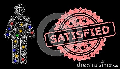 Grunge Satisfied Stamp Seal and Network Happy Mister with Lightspots Vector Illustration