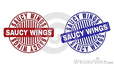 Grunge SAUCY WINGS Scratched Round Watermarks Vector Illustration