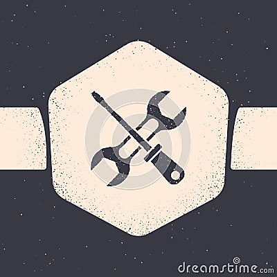 Grunge Screwdriver and wrench spanner tools icon isolated on grey background. Service tool symbol. Monochrome vintage Vector Illustration