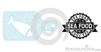 Grunge Sea Food Ribbon Stamp and Mesh 2D Fish Cutting Board Vector Illustration