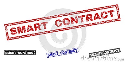 Grunge SMART CONTRACT Scratched Rectangle Stamps Vector Illustration