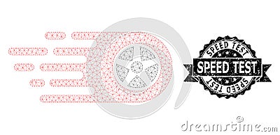 Grunge Speed Test Ribbon Seal and Mesh Wireframe Bolide Wheel Vector Illustration