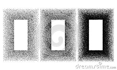 Grunge spray stencil rectangle frames. Gradient ink splatter dots template. Graffiti black halftone stencils border Vector Illustration