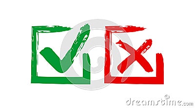 Grunge sqare checkmark box. Yes or no check mark. Red and green vector checkbox Vector Illustration