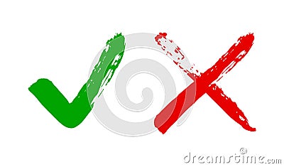 Grunge sqare checkmark box. Yes or no check mark. Red and green vector checkbox Vector Illustration