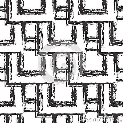 Grunge squares seamless pattern. black and white tiled squares background. Repeat abstract geometric grungy backdrop. Rough lines Vector Illustration