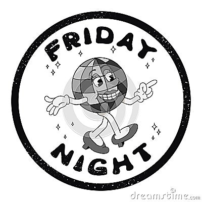 Grunge stamp with cartoon disco ball character Vector Illustration