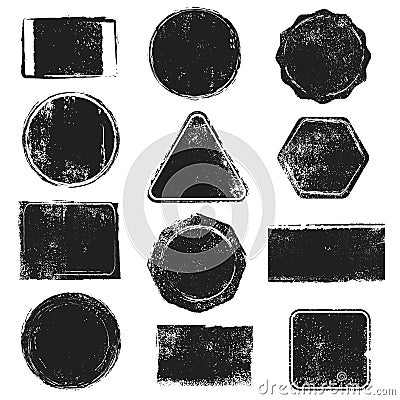 Grunge stamps. Distressed post stamp texture. Round, rectangular, triangular and hexagonal scratched labels. Badge Vector Illustration