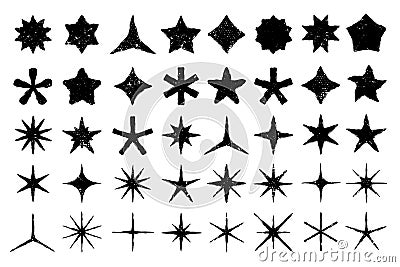 Grunge stars. Hand drawn star, starry doodle and textured favorites icon silhouette isolated vector set Vector Illustration