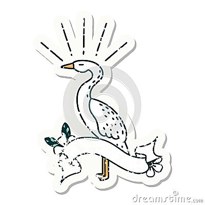 grunge sticker of tattoo style standing stork Vector Illustration
