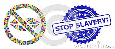 Grunge Stop Slavery! Stamp Seal and Multicolored Collage Forbidden Kiss Vector Illustration