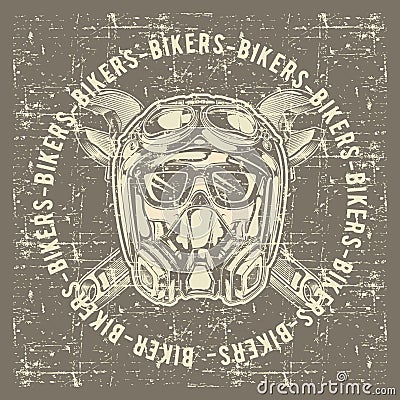 Grunge style vintage skull skull bikers wearing helmet and wrench hand drawing vector Vector Illustration