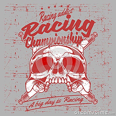 Grunge style vintage skull and spark plug racing champion hand drawing vector Vector Illustration