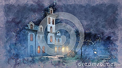Scary mansion at night grunge watercolor sketch Cartoon Illustration