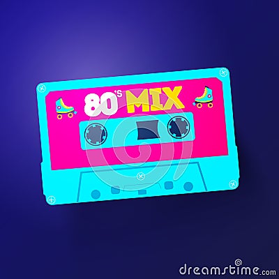 Vector Neon Cassette With Retro Label, Vintage 80s Revival Mix Tape Design Vector Illustration