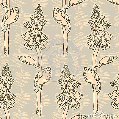 Grunge textured leaves background pattern. Hand drawn line leaves branches and blooming. Elegant wildflowers for Vector Illustration