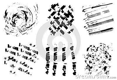 Grunge textures obtained using various objects. Black ink swirls, mesh, stripes and blots on a white background. Vector Illustration