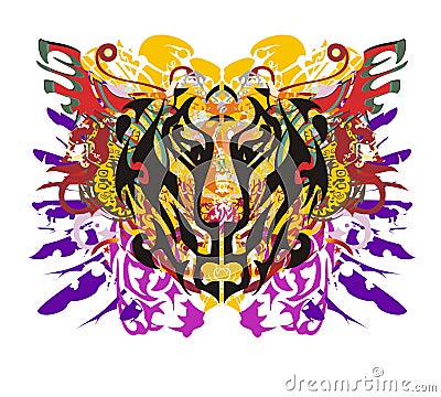 Grunge tiger head with colorful splashes Vector Illustration