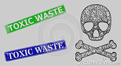 Grunge Toxic Waste Seals and Crossed Death Skull Mesh Vector Illustration