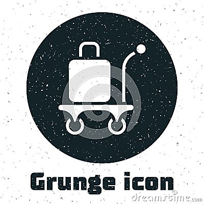 Grunge Trolley suitcase icon isolated on white background. Traveling baggage sign. Travel luggage icon. Monochrome Stock Photo