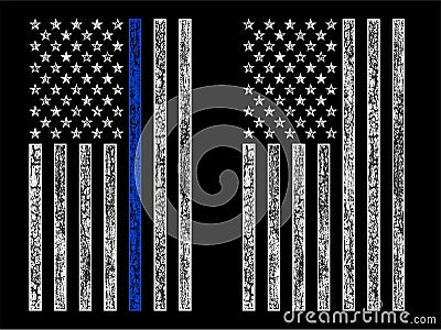 Black and white / grunge usa police flag with thin blue line vector design. Vector Illustration