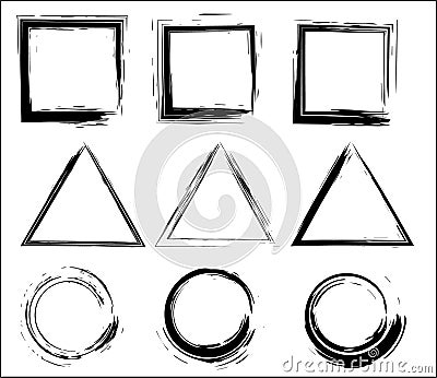 Grunge vector circles, triangles and rectangles. Brush strokes set. Vector Illustration