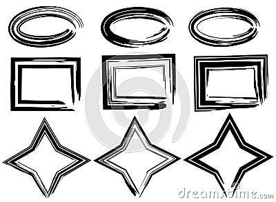 Grunge vector ovals, stars and rectangles. Brush strokes set. Vector Illustration