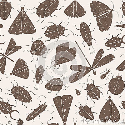 Grunge vector seamless pattern with vintage insects silhouette. Moth, butterfly, dragonfly, ant, ladybug. Vector Illustration