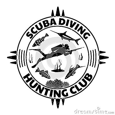 Grunge vintage diving label design with fishes and diver man in full equipment with spear fishing gun. Vector Illustration