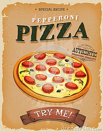 Grunge And Vintage Pepperoni Pizza Poster Vector Illustration