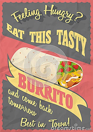 Grunge And Vintage Poster with Mexican Burritos on crumpled paper background. Vector Illustration