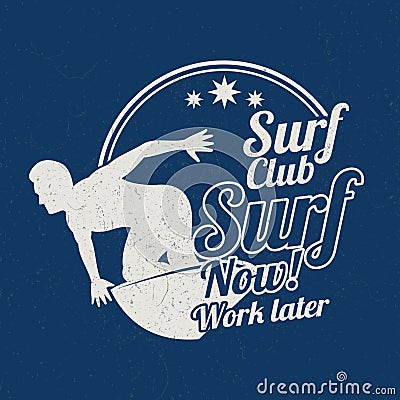 Grunge vintage summer surfing sports vector bakground with surfer Vector Illustration